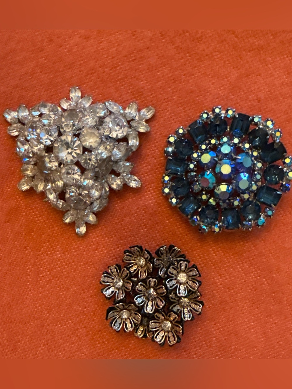 Vintage Rhinestone Brooch Lot 3 Blue Aurora Borealis Black Sparkling Tiered